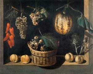 Maestro de Stirling-Maxwell, Still Life with Basket of Fruits, Pumpkin and Grapes, ca. 1615-1625 (Museu Nacional d’Art de Catalunya)